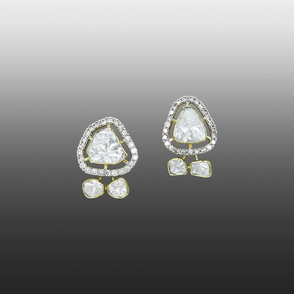 Triangular Polki Earrings with Diamond Halos